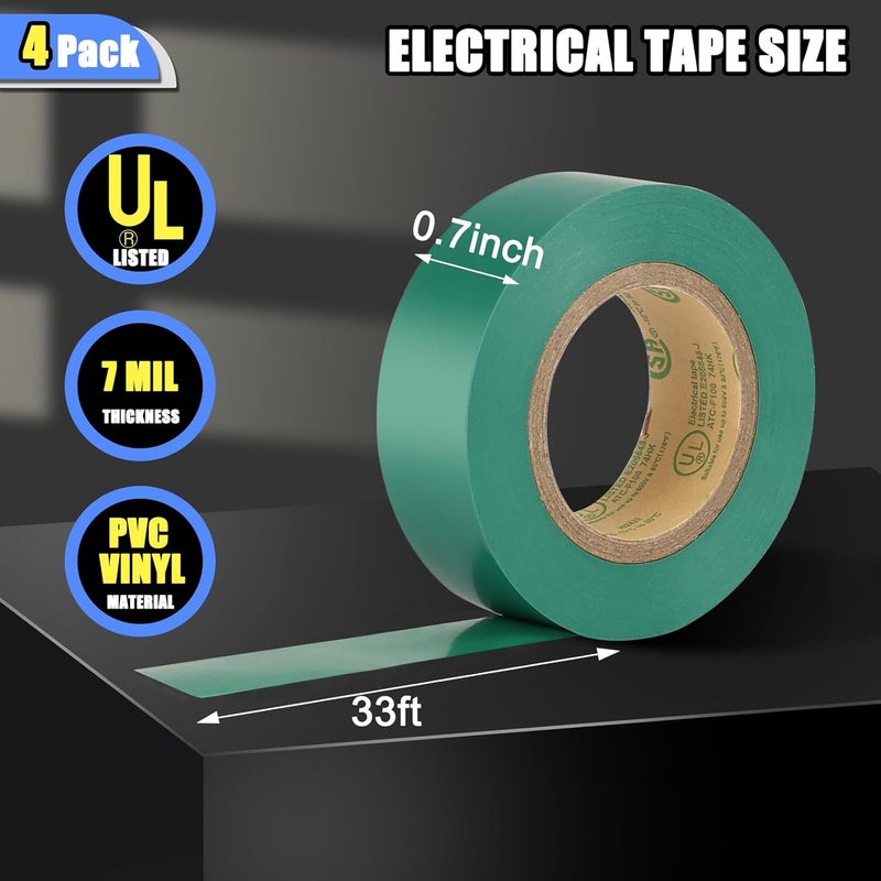 G GEYYANG GEYYANG Green Electrical Tape, Professional Grade UL Approved, 4 Pack Multipurpose Electrical Tape for Home Improvement Electrical Equipment, 0.7in X 33ft PVC Electric Insulating Tape - Image 2